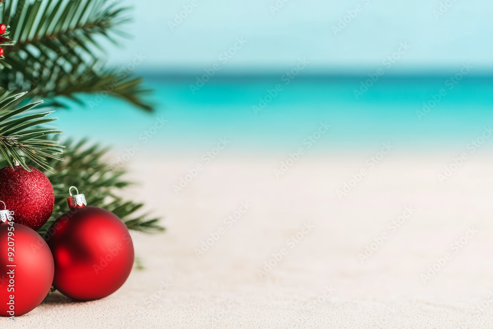 Aufkleber palm trees adorned with christmas decorations on a beach background with empty space for text