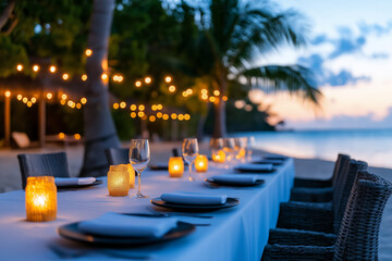 New Years Eve dinner setup under palm thatched cabanas on beach 