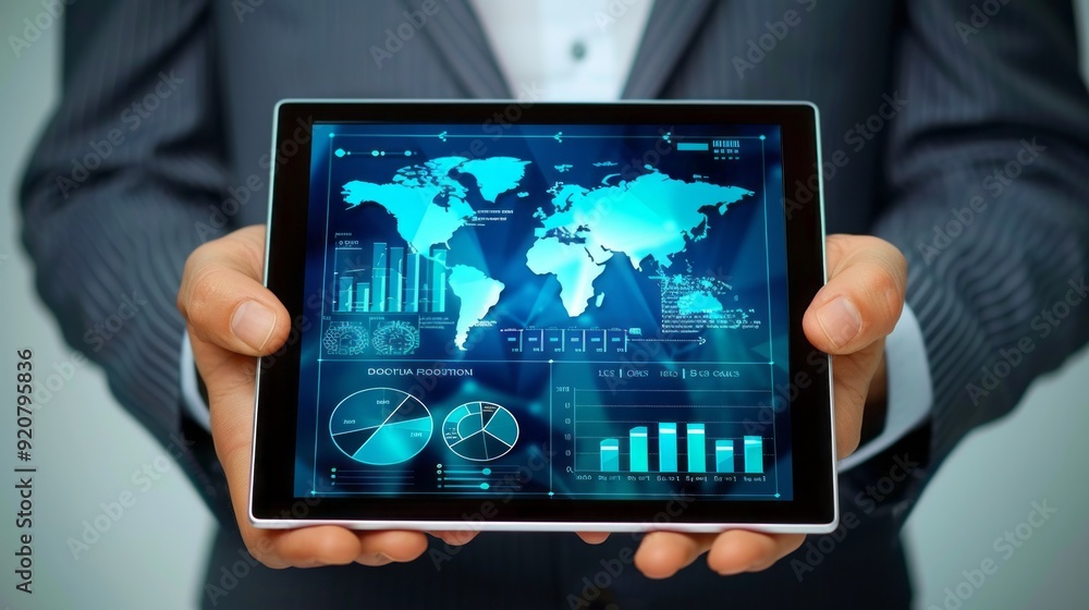 Poster A man is holding a tablet with a map of the world on it