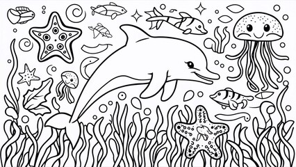 Coloring pages for children. Illustration of a dolphin in a sea world with seaweed on starfish and jellyfish. Black and white outline drawing on a white background