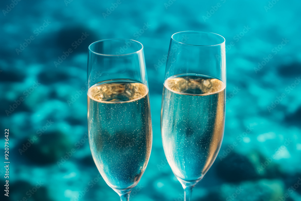 Poster underwater view of new years party in tropical lagoon background with empty space for text