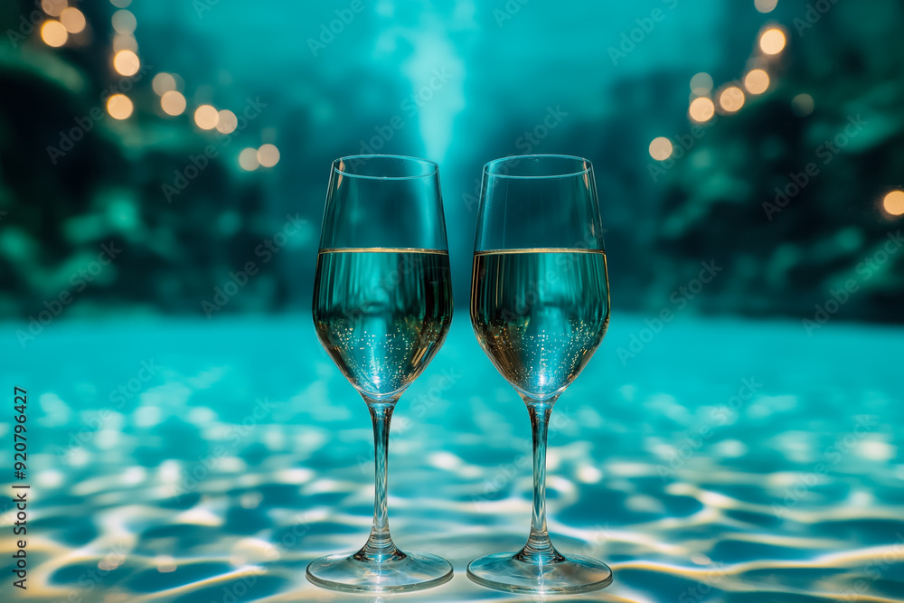 Poster underwater view of new years party in tropical lagoon background with empty space for text