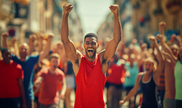 enthusiastic young Black male athlete in a red tank top celebrating victory with raised arms in a crowded street
