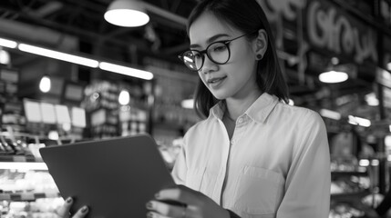 Young businesswoman wearing glasses, analyzing documents on tablet device, focusing intently.