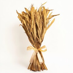 A bundle of dried cornstalks tied with a ribbon on a solid white background, single object