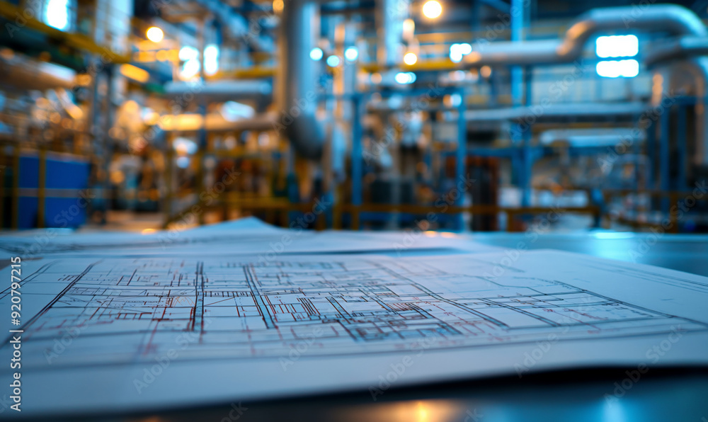 Wall mural architectural blueprints on a table in the foreground with a blurred industrial factory setting in t