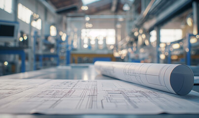 Rolled and unrolled architectural blueprints on a table in a blurred industrial workspace, emphasizing design and planning