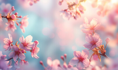 Delicate pink cherry blossoms in full bloom with a soft, blurred background, evoking a serene and tranquil springtime atmosphere