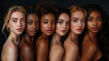 Obraz premium A striking portrait of six diverse young women of different ethnicities standing closely together, showcasing beauty and unity in diversity, captured against a dark background
