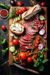A variety of food items on a cutting board.