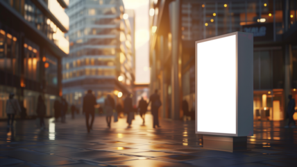 A modern city street at dusk with a blank billboard in the foreground, surrounded by blurred pedestrians and urban buildings
