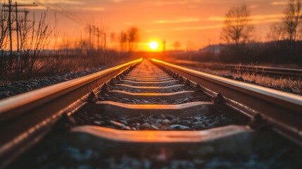 Fototapeta premium Railway track in the evening in sunset. Track railway train for transportation, Rail road