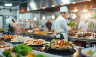 Obraz premium Busy professional kitchen with chefs preparing dishes, with focus on steaming food in the foreground and blurred activity in the background