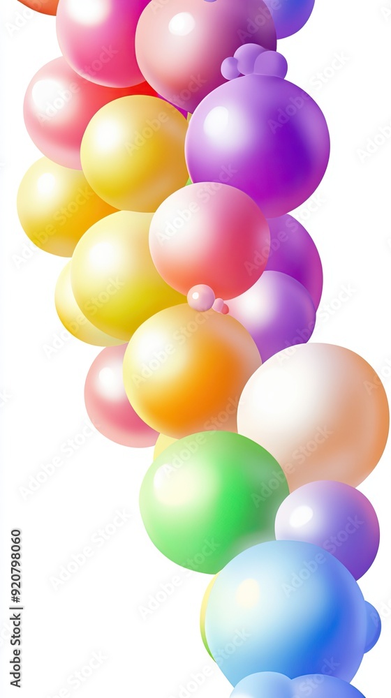 Poster cascading rainbow balloons create a vibrant arc against a white background in this abstract digital 