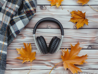 Big Headphones with autumn eaves background. Fall music playlist photo.