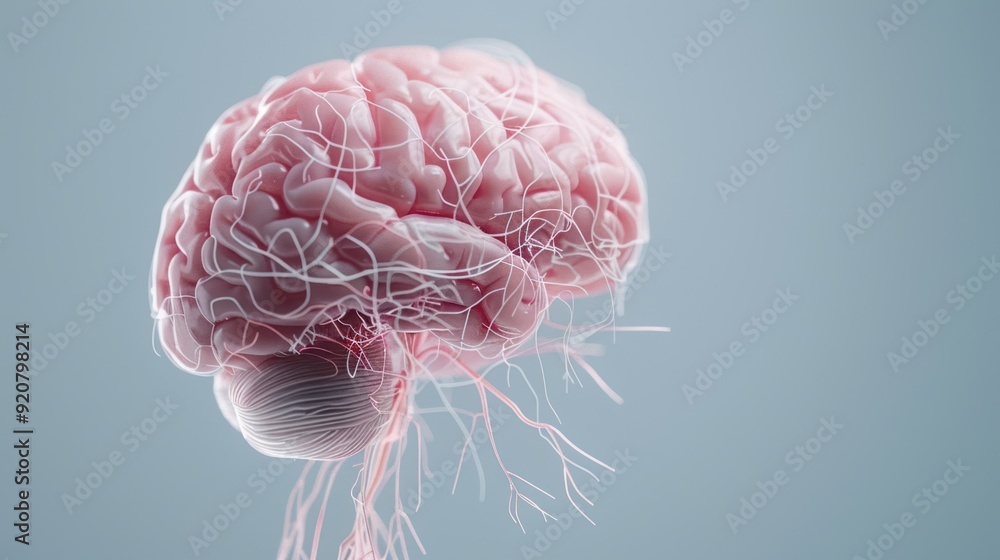 Poster cutting-edge 3d rendering of human brain with highlighted neural pathways for neurological medical r