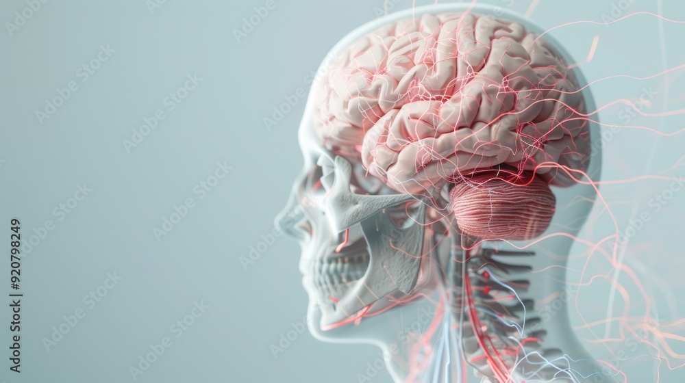 Poster detailed 3d human brain rendering with highlighted neural pathways for neurological medical research