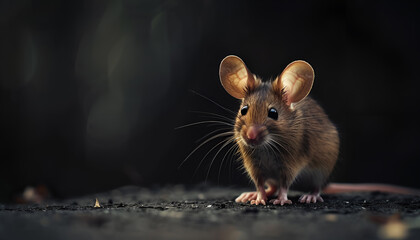 cute mouse on right side of image, mouse standing and looking at viewer, dark background