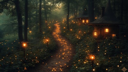 A magical forest path flooded with ethereal light, with glowing mushrooms and twinkling fireflies.