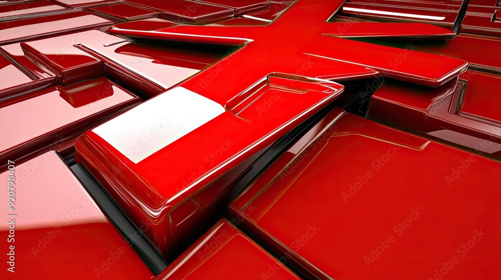 Aufkleber Three-dimensional Red Geometric Shapes Arranged on a Glossy Surface, Creating a Striking Visual Display