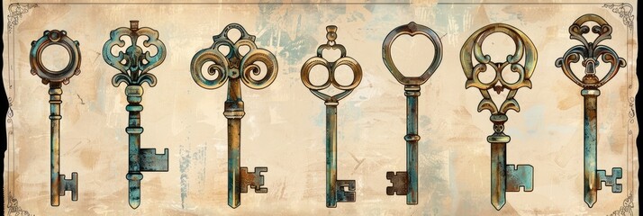 Antique Golden Keys Collection. Detailed Metal Keys with Vintage Charm in Watercolor Style