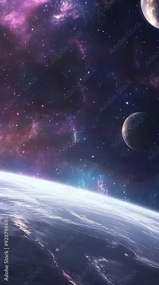 Poster a tranquil view of earth with distant planets and swirling galaxies in the depths of space at twilig