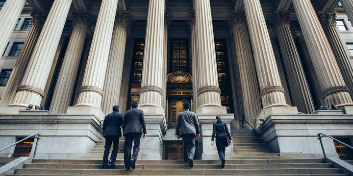 Lawyers in formal attire walking up the steps of a grand courthouse, with columns and architectural details in view. - Powered by Adobe
