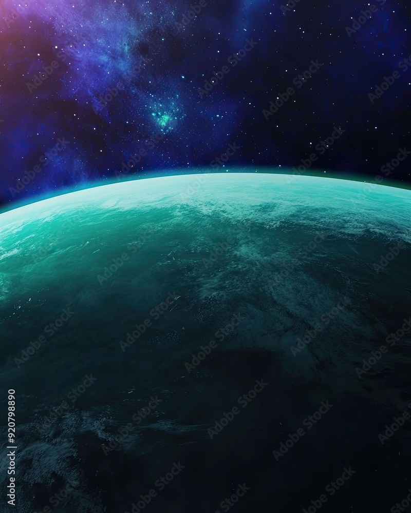 Poster relaxing space ambient music fills the universe above a tranquil green planet at twilight