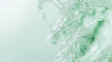Naklejka premium Detail view of green soap bubbles on a liquid surface, creating an abstract, refreshing, and clean visual effect.