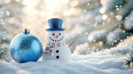 Obraz premium Charming snowman in the snow beside a blue Christmas ornament, creating a festive holiday atmosphere.