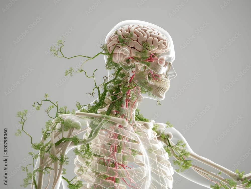 Poster detailed 3d rendering of human lymphatic system for oncology study tool in 32k high resolution, high
