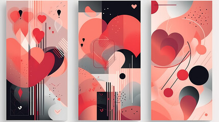 Creative concept of Happy Valentines Day cards set. Modern abstract art design with hearts and geometric shapes. Templates for celebration vecter image