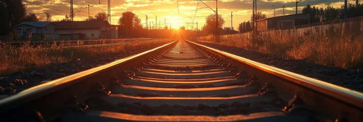 Obraz premium Railway track in the evening in sunset. Track railway train for transportation, Rail road