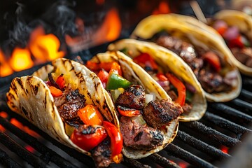 Grilled steak tacos with colorful peppers cooking on an open flame at a summer barbecue