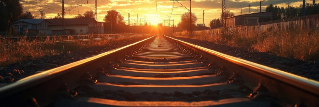 Railway track in the evening in sunset. Track railway train for transportation, Rail road