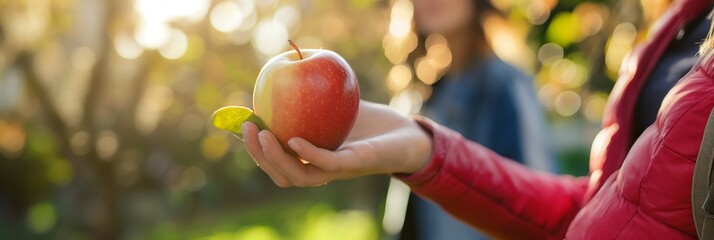A person holds a shiny red apple in their hand, with an outdoor setting featuring trees and sunlight filtering through leaves in the backdrop.