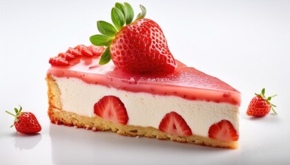 A piece of strawberry cake on white background