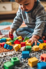 A young child engaged in play with colorful wooden cubes on a rug, promoting early development and learning through interactive toys.