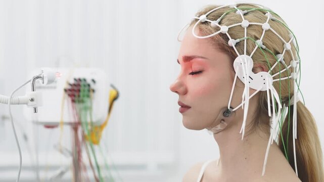 A young woman undergoes an EEG test in a modern clinic, showcasing advanced medical technology and patient care. Ideal for highlighting modern diagnostic procedures and healthcare innovations.