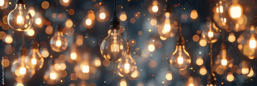 Poster imagine a mesmerizing view of glowing light bulbs against a soft bokeh backdrop, ideal for festive t