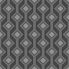 Seamless geometric pattern consisting of repeating cube shapes with blending lines, creating a layered illusion in shades of gray. Suitable for interior design, textiles, digital graphics, printing.