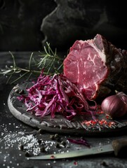 Obraz premium Close-up of a raw piece of pink meat with pickled radish and garlic, garnished for presentation. Traditional charcuterie dish.