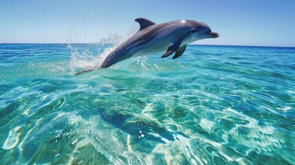 Obraz premium Dolphin leaping into the air over ocean water, vibrant and lively scene from a beach or coastal setting.