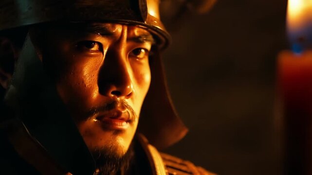 Intense glare of a samurais face illuminated by the light of his flaming torch.
