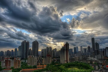 Fototapeta premium A cityscape with tall buildings and a cloudy sky