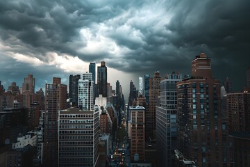 Obraz premium A cityscape with tall buildings and a cloudy sky