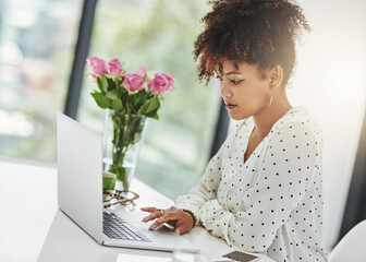 Black woman, laptop and working in office for business research, networking and project administration. Secretary, technology and check email in workplace for corporate report, planning and schedule
