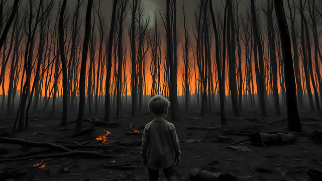 A sad childern standing in front of a burnt down forest, stunning details, scketch 8k