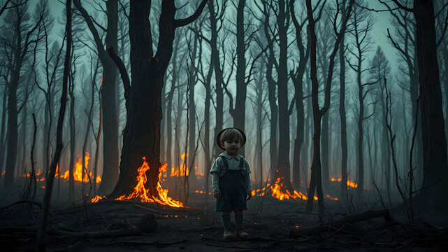A sad childern standing in front of a burnt down forest, stunning details, scketch 8k