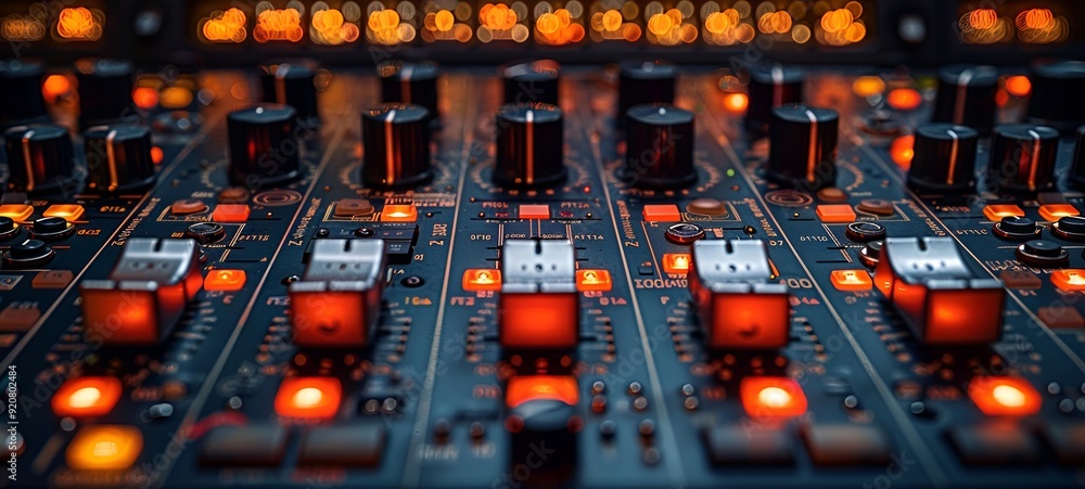 Poster a close-up view of a mixing board featuring numerous knobs.